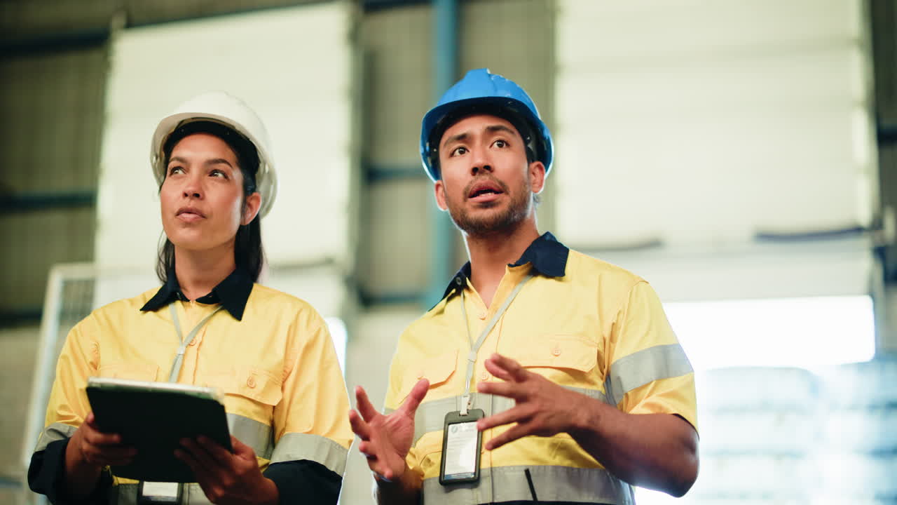 Industrial Workers in Hard Hats Discussing and Using a Tablet