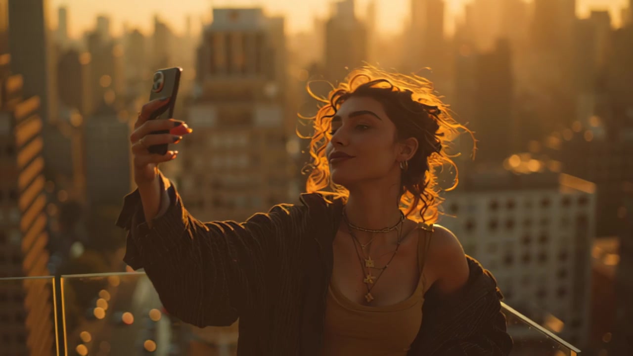 Riprese di una giovane donna elegante che si scatta un selfie su una terrazza panoramica durante l'ora d'oro, con una calda retroilluminazione, capelli scompigliati dal vento e uno sfondo bokeh dello skyline urbano.