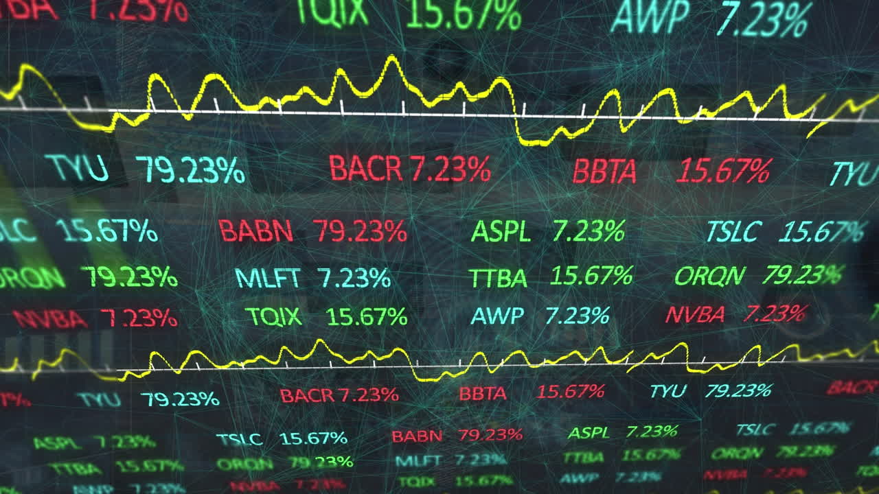Animazione di schermo digitale verde con dati finanziari e connessioni.