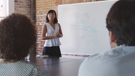 mujer de negocios en la pizarra dando una presentación filmada en r3d