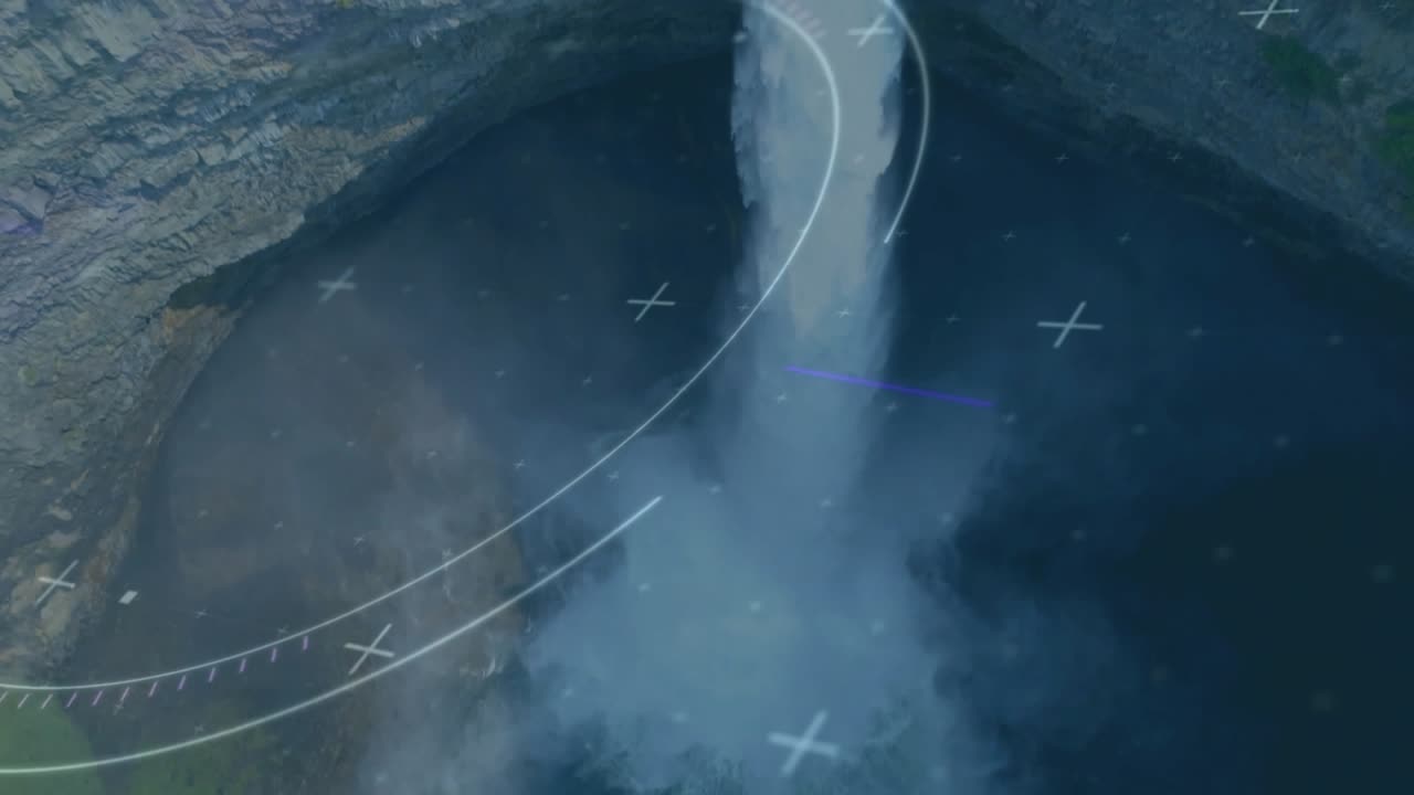 Curved line and plus-shape overlays driving camera down, revealing plunging river into misty pool