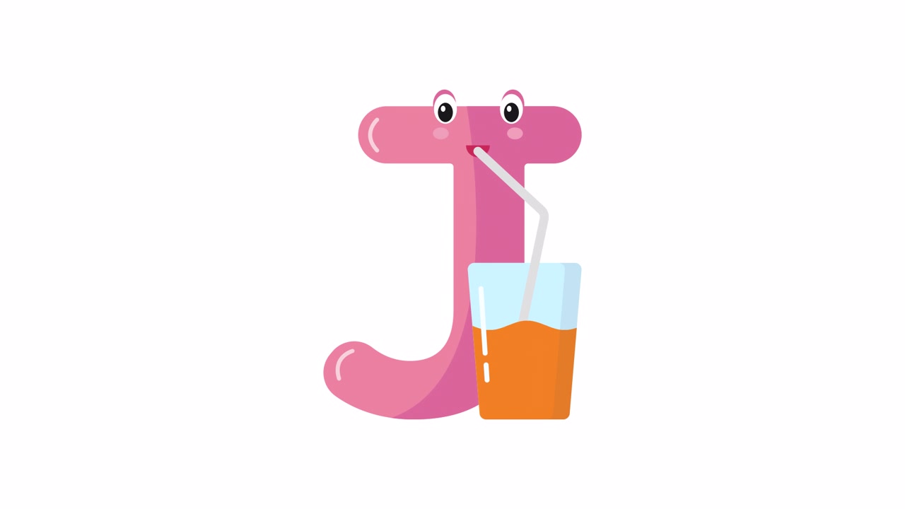 Simpatico personaggio animato lettera J che beve succo d'arancia