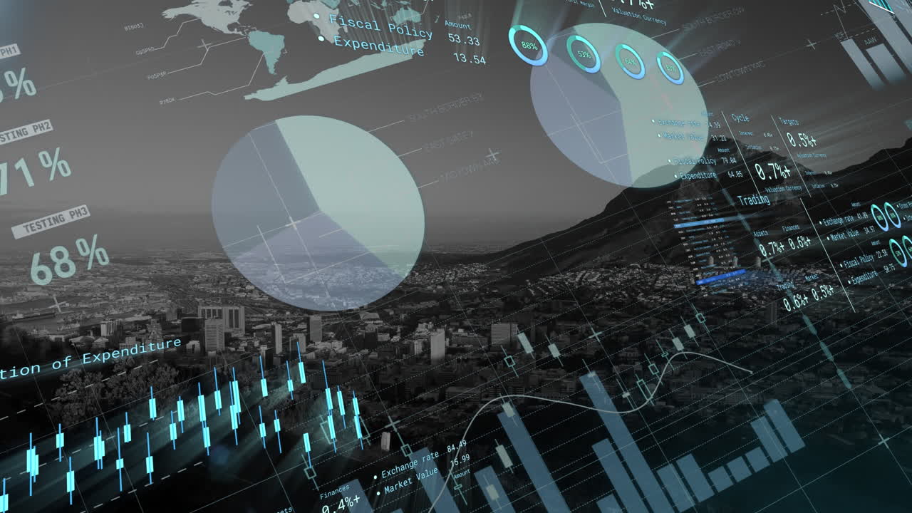 Animation of financial data processing over cityscape