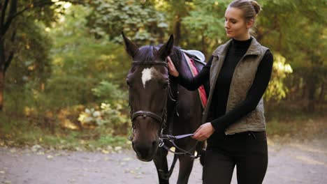 preparation for training: attractive female jockey is petting a stunning brown horse with white spot on forehead while walking