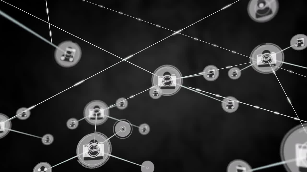 Animation of network of connections with icons on black background