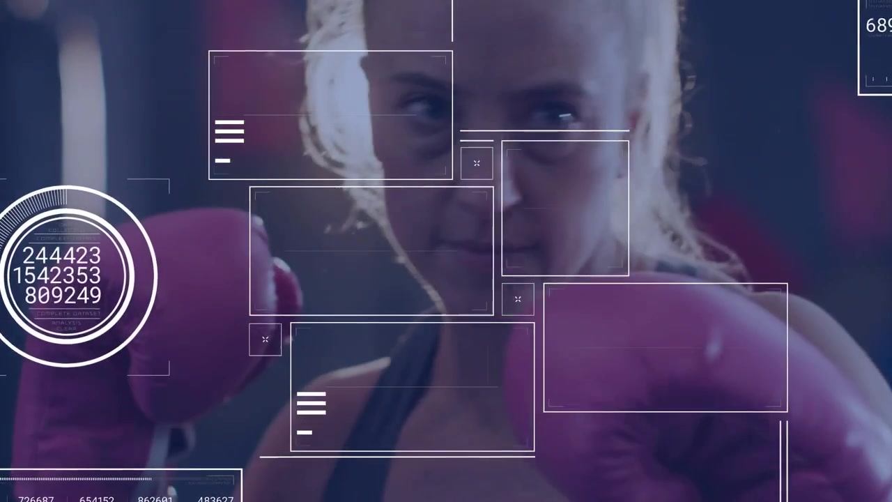 Female boxer throwing jabs keeping guard in training, HUDs appearing and analyzing pink gloves data