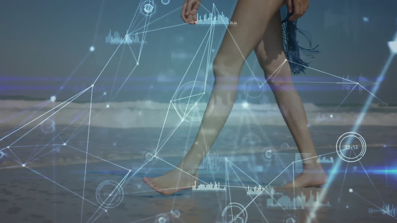 Digital network animation over person walking on beach near ocean waves