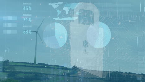 lock and data security animation over wind turbines and landscape