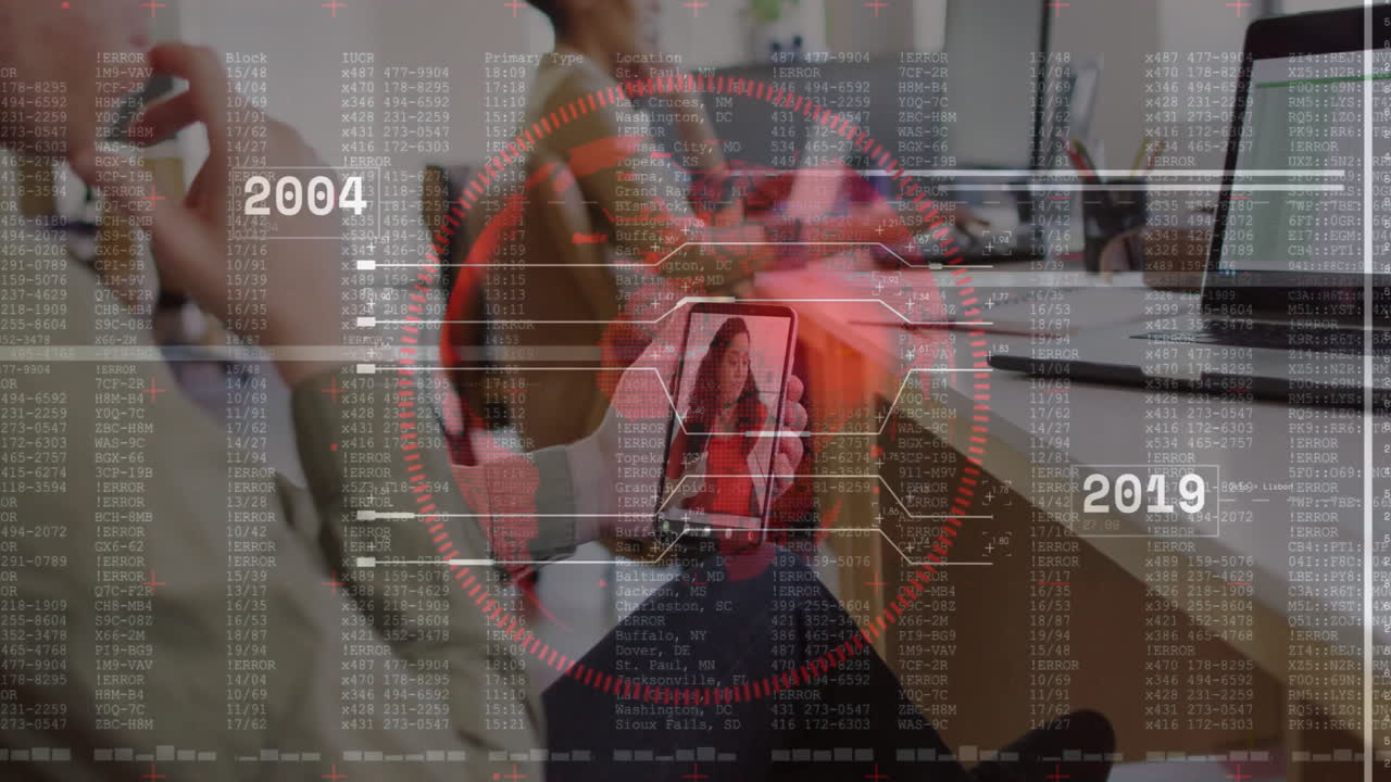 Digital data and timeline animation over people using technology in office