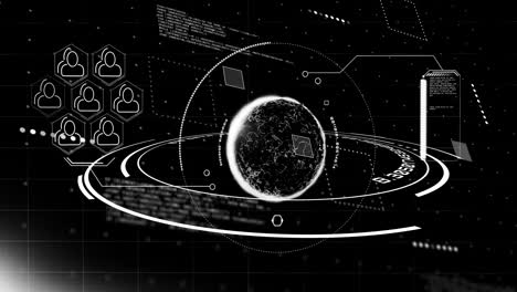 Animation-of-globe-with-icons-and-data-processing-over-black-background