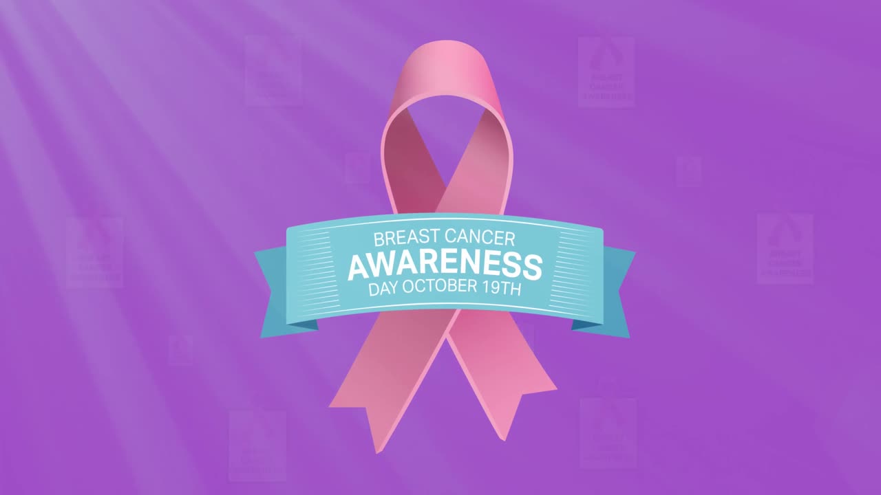 핑크색 유방암 리본 위에 유방암 인식 텍스트의 애니메이션