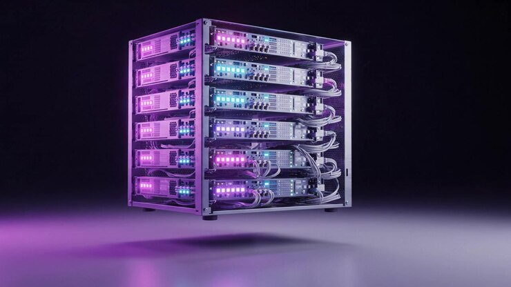 A sleek, modern data server setup showcasing multiple stacked units with vibrant LED lights in a dark environment, indicating advanced technology and efficiency.