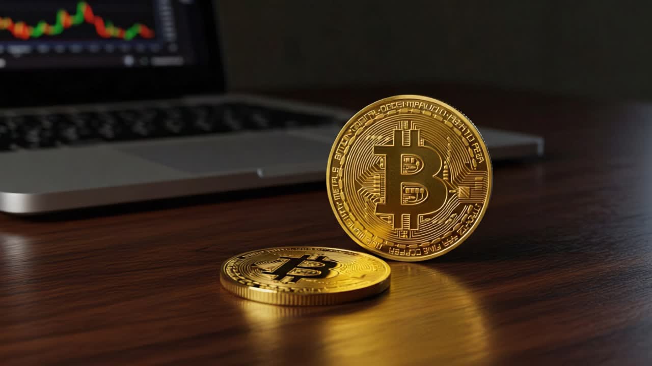 A Close-Up View of Bitcoin Coins on a Table with a Laptop in the Background, Showcasing the Rising Trend of Cryptocurrency Investment and Digital Finance