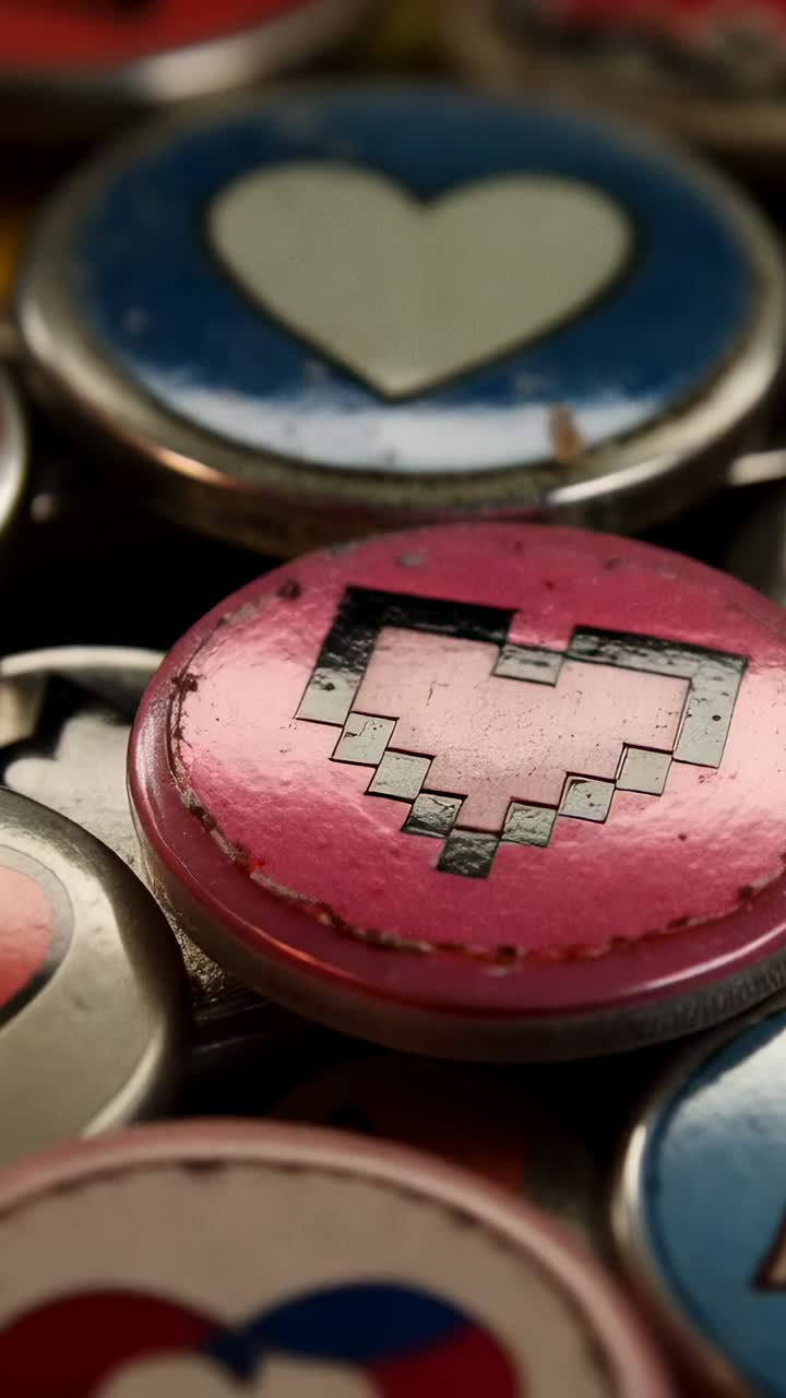 Video verticale: la camera mette a fuoco un badge a forma di cuore smaltato blu in un macro closeup, rivelando l'usura