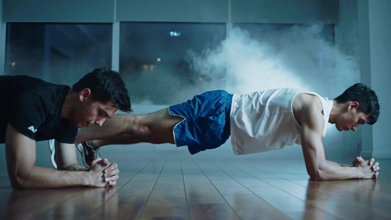 Holding forearm planks training men sliding left on floor with fog near windows in black-white kit
