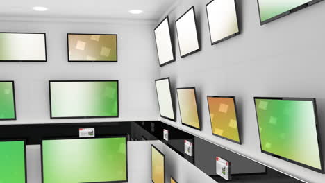 animation of rows of television sets with glowing pattern on green screens in store