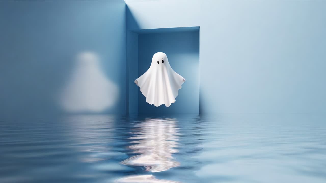 A dreamy ghost floating in a serene blue environment, gracefully emerging from a doorway, casting reflections upon the tranquil waters below, evoking a sense of calm and intrigue