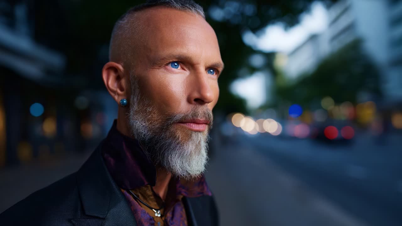 Nærbillede af en stilfuld mand med sølvfarvet hår og blå øjne i et bymiljø, der indfanger selvsikkerhed og charme med slørede bylys i baggrunden