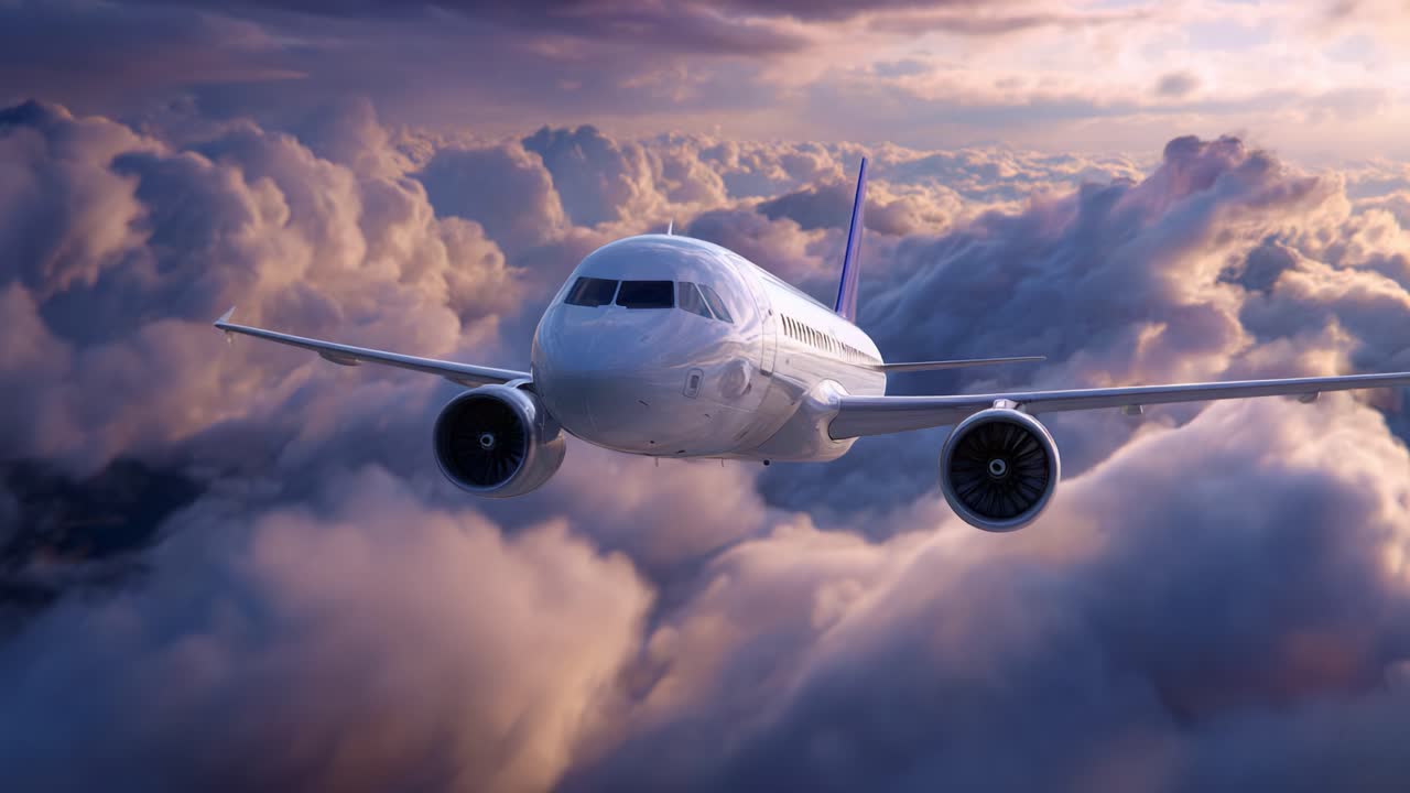Eine atemberaubende Aussicht auf ein Verkehrsflugzeug, das während des Sonnenuntergangs majestätisch durch leuchtende Wolken gleitet und die Schönheit des Flugs und der Luftfahrttechnologie hervorhebt