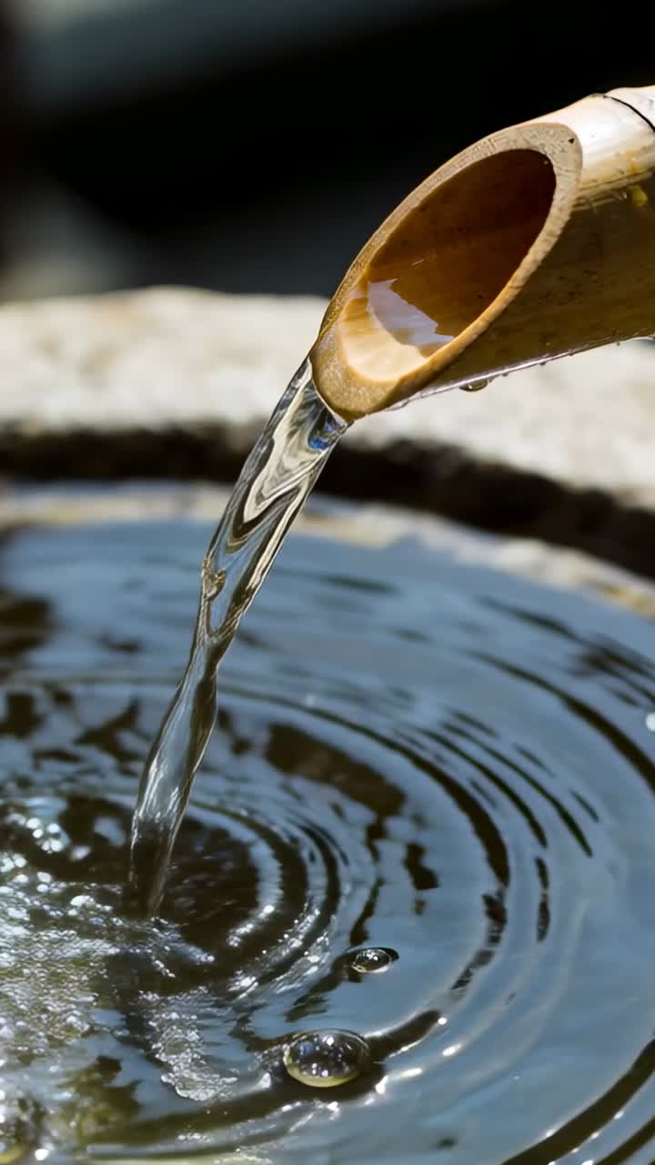 Video verticale: Beccuccio di bambù che versa acqua sul bordo di un bacino, la gravità crea increspature e bolle