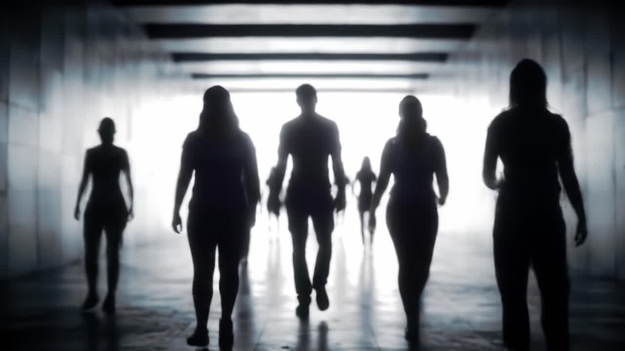 A Mysterious Gathering: Shadows of Figures Walking Towards Light in a Dimly Lit Corridor, Creating a Striking Contrast Between Darkness and Brightness