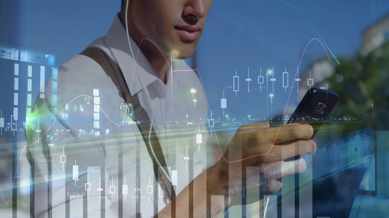 animazione di grafici e traffico stradale su uomo biraciale utilizzando smartphone