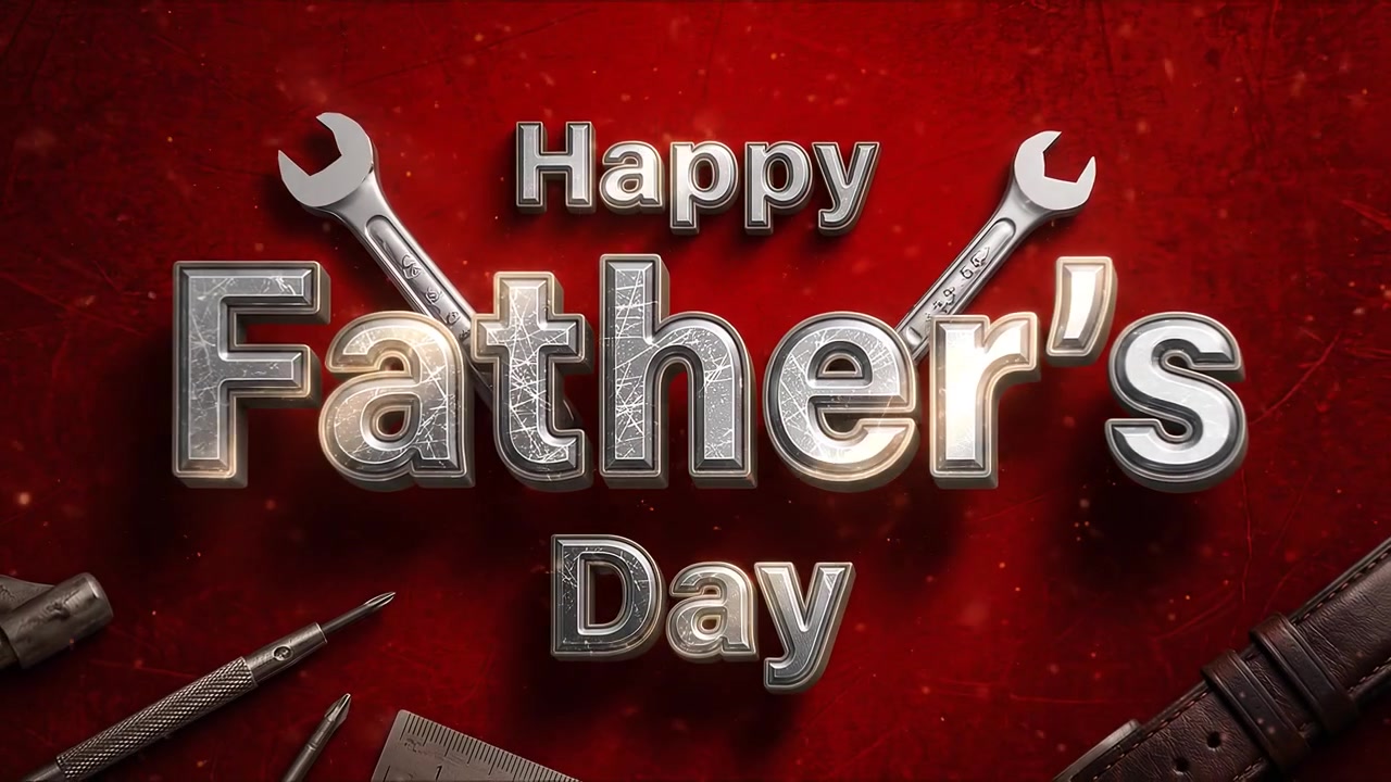 Glad Fars Dag festlig banneranimation med metallisk text och verkstadsverktyg på röd bakgrund.