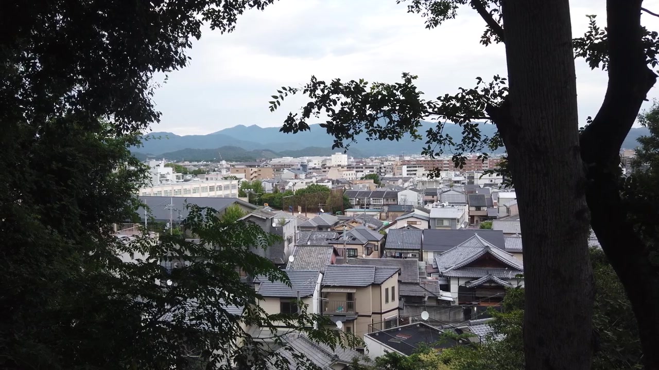 Vista suggestiva del quartiere giapponese di Kyoto con case tradizionali, come si vede tra le foglie degli alberi, con uno sfondo di skyline montano