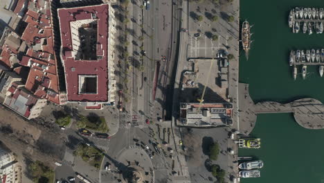 High-angle-view-of-wide-roads-and-pedestrian-zone-with-palm-trees-along-waterfront-at-marina.-Barcelona,-Spain