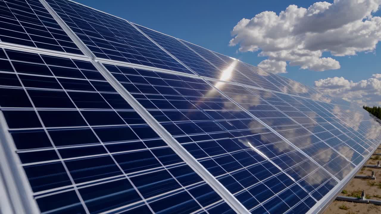 Low-angle video shot of solar panels under a bright blue sky with clouds, emphasizing renewable