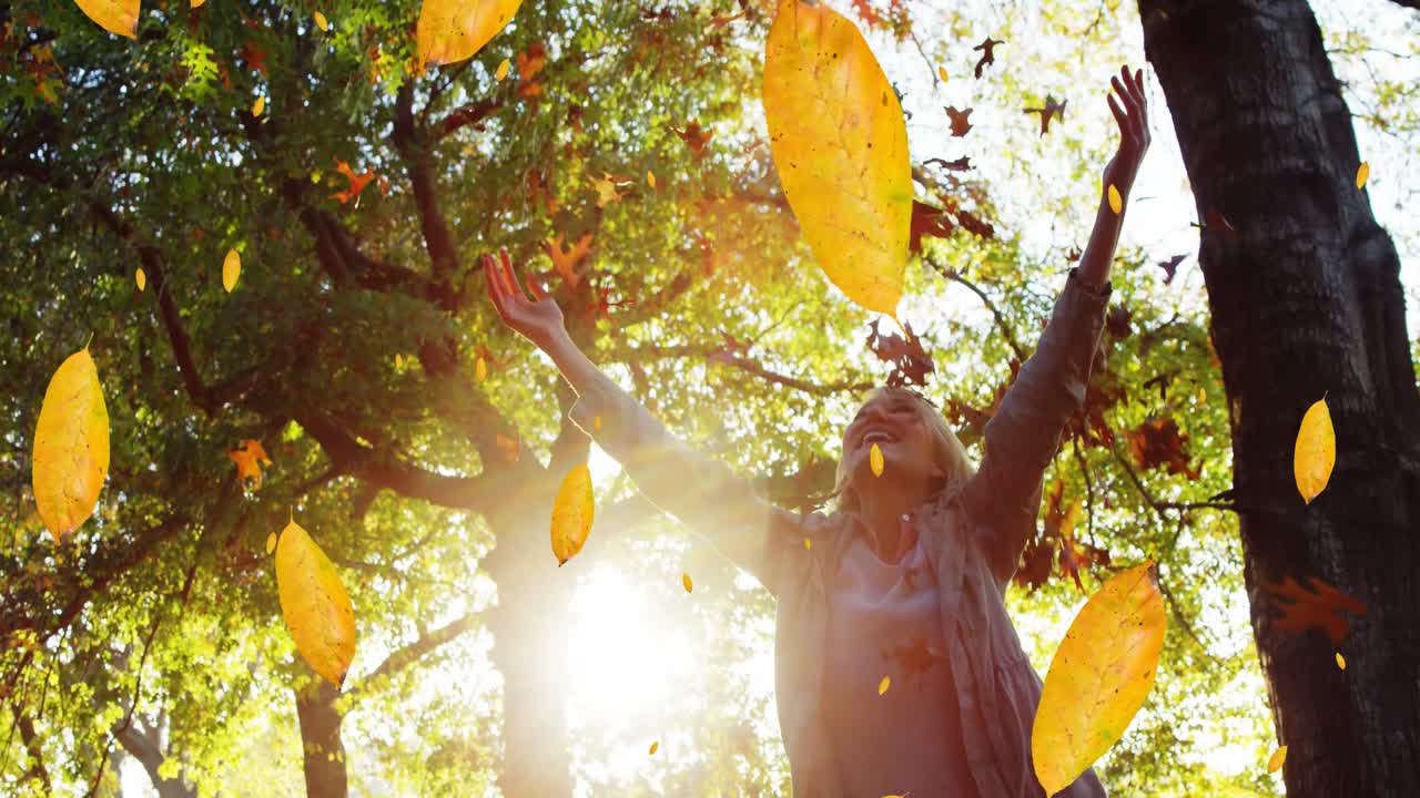 공원에서 즐거운 백인 고령 여성에 맞서 떨어지는 가을 잎의 애니메이션