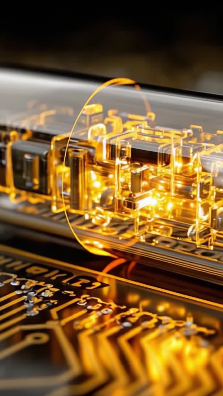 Una Vista Ravvicinata di Intricati Circuiti Elettronici Illuminati in Calde Tonalità Dorate, che Mostrano Tecnologia Dettagliata e Design Complessi all'Interno di un Involucro Trasparente