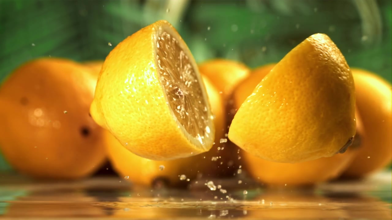 Limone fresco che cade e si spacca al rallentatore con spruzzi d'acqua