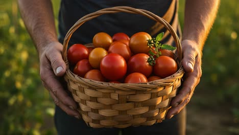harvested tomatoes in a woven basket: a close-up of fresh produce gathered in an abundant field under the warm glow of the setting sun