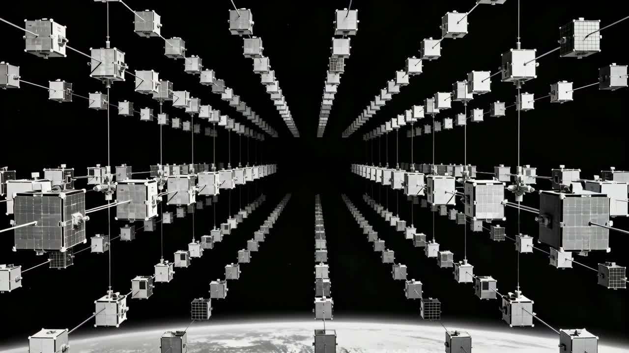 Moving camera pushing toward centered CubeSat lattice over Earth, revealing depth, tethers, panels