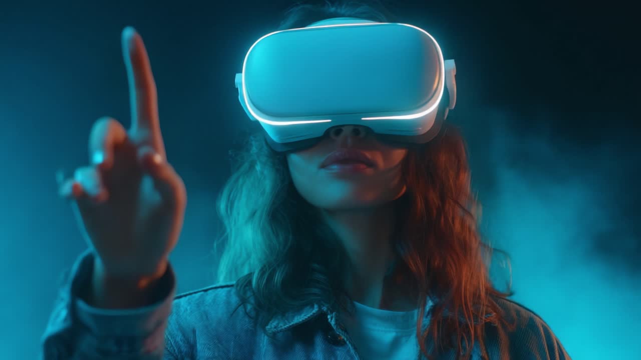 Un momento accattivante che mostra una donna impegnata in un'esperienza di realtà virtuale, evidenziando la sua interazione con la tecnologia immersiva attraverso il movimento e la messa a fuoco.