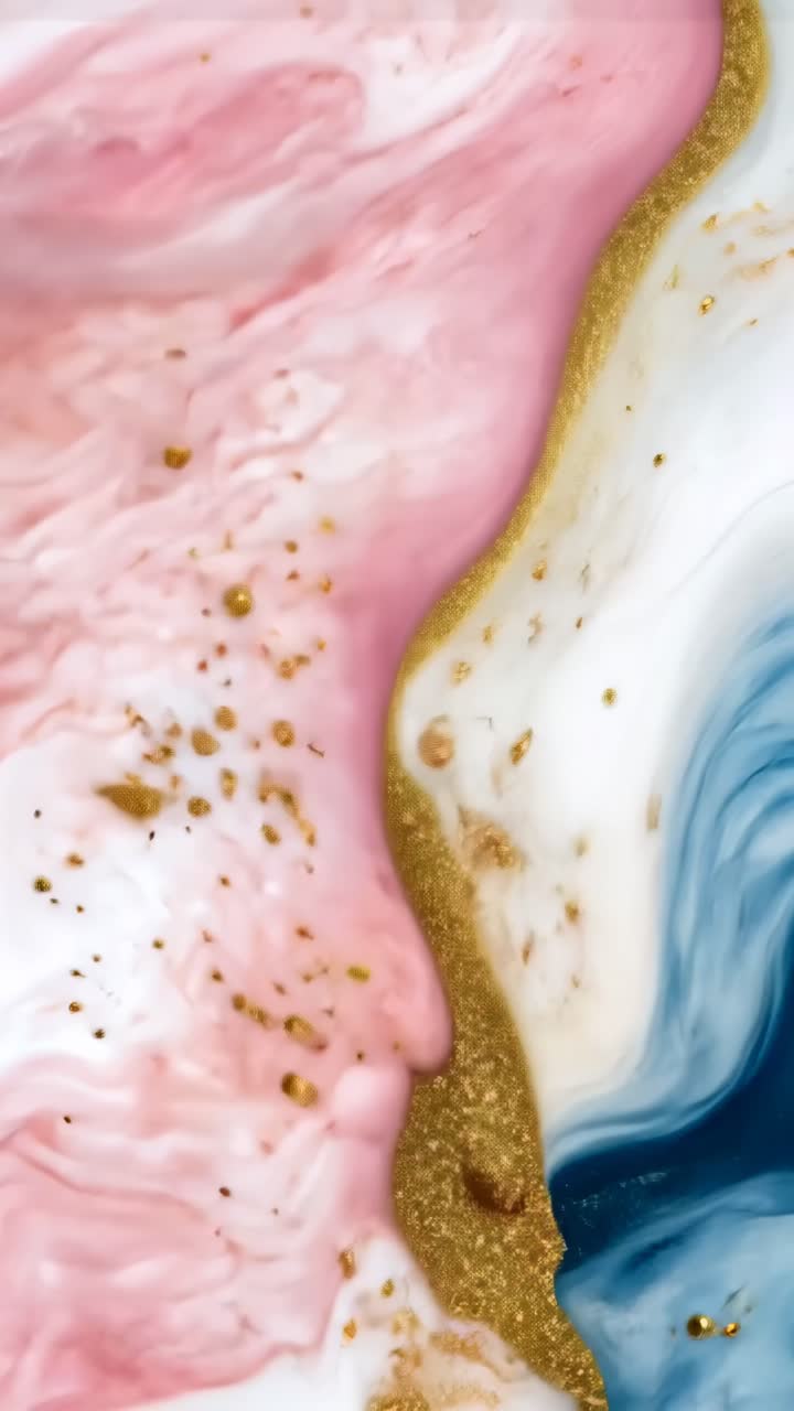 Concepto de vídeo abstracto con ángulo cenital que muestra texturas arremolinadas en rosa, azul y dorado
