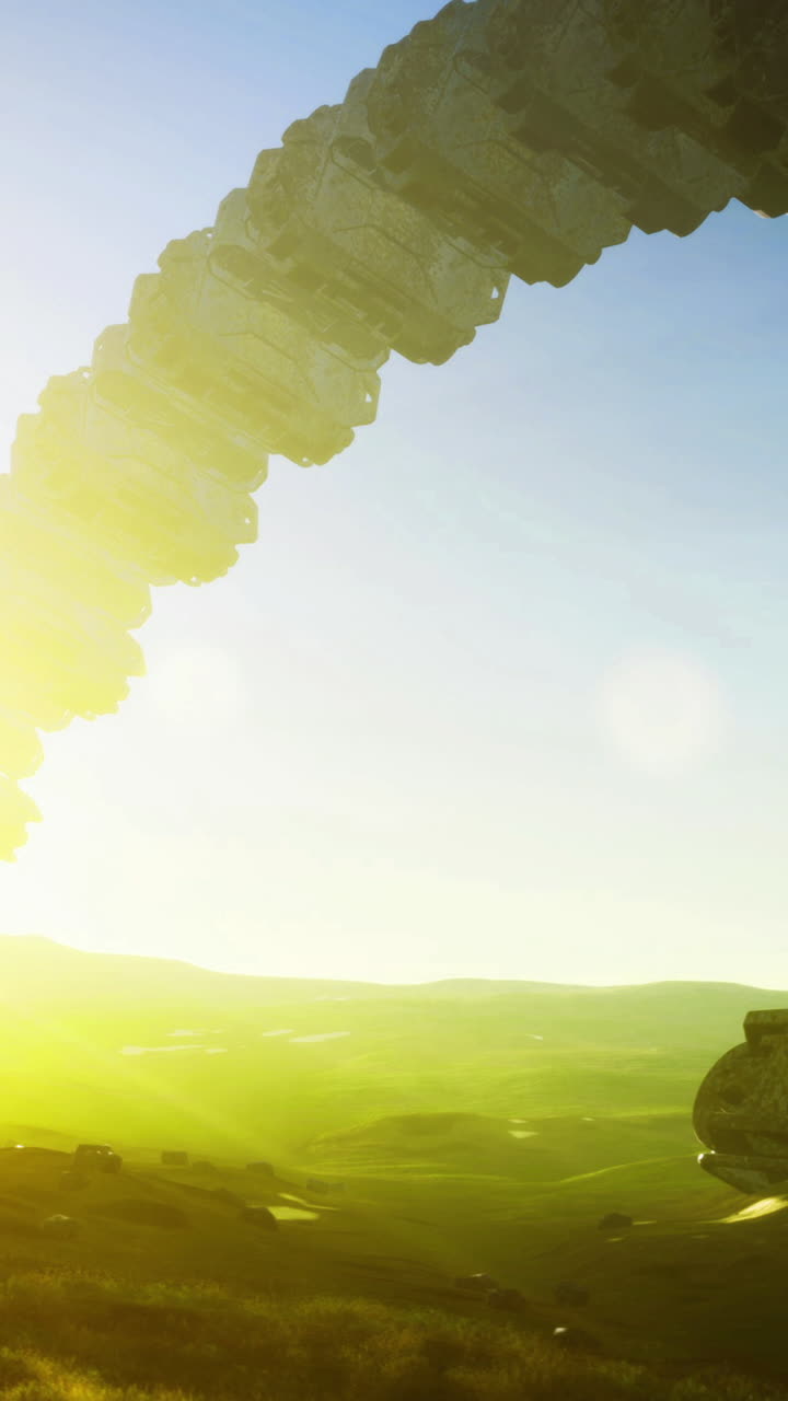 Mysterious alien ship emerges from glowing horizon in vibrant landscape