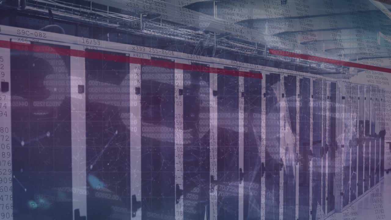 animación de la red de conexiones y procesamiento de datos sobre la sala de servidores