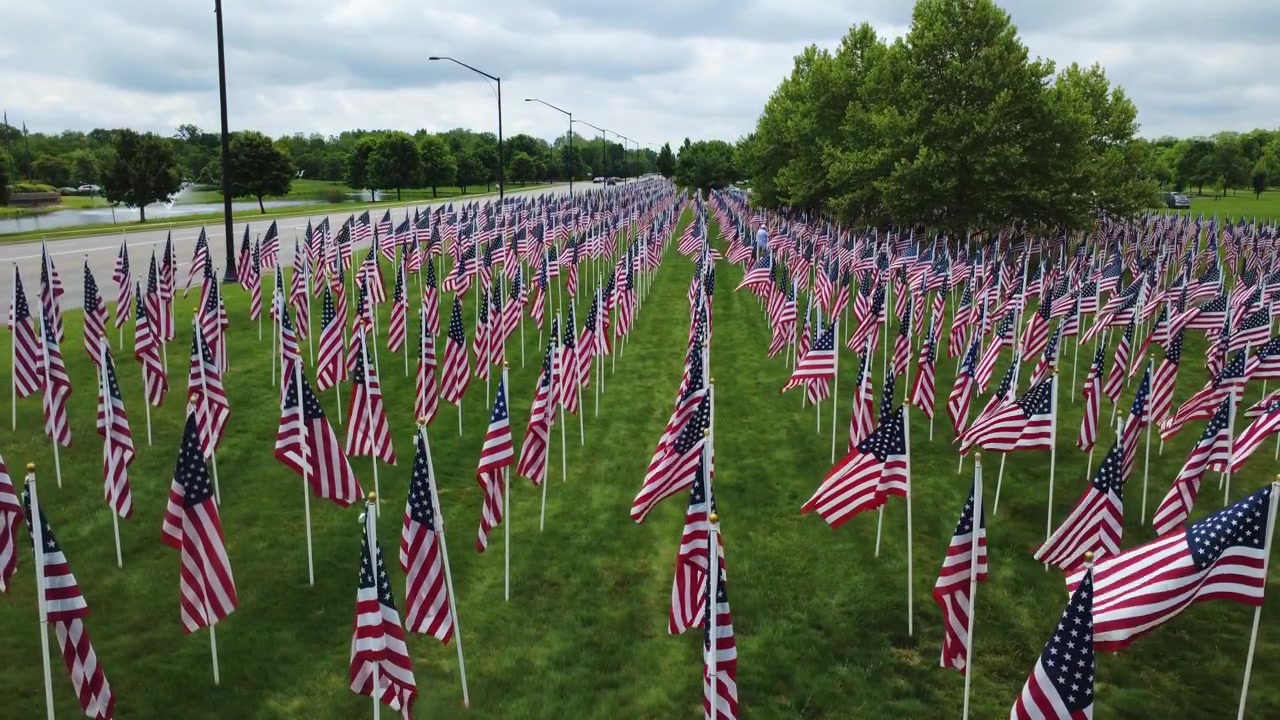 Drone shot of field of American flags in field in Westerville, Ohio