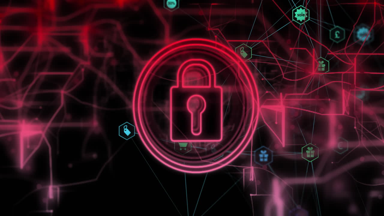 animación del procesamiento de datos y el icono del candado sobre un fondo oscuro
