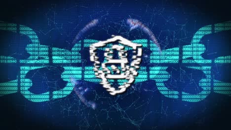 animation of data processing and globe on blue background