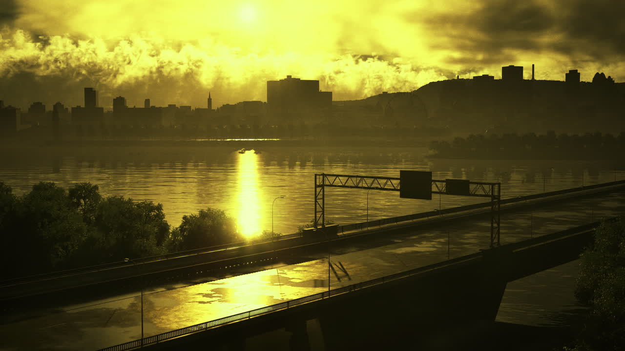 Stunning golden hour over city skyline by the river and highway