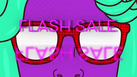 animatorom od texto de venta instantánea sobre cara de dibujos animados retro con gafas de sol
