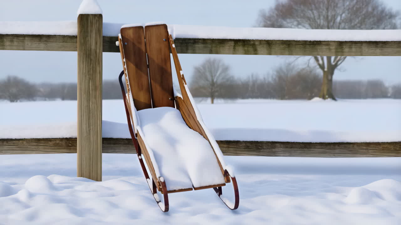 A wooden sled covered in snow leaning against a fence in a winter landscape