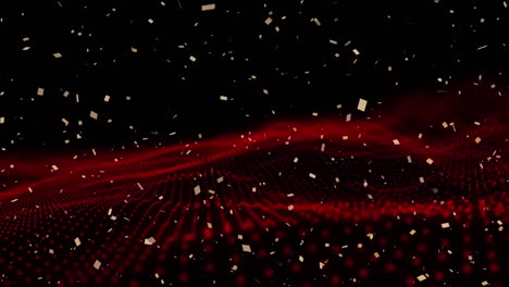 animation of gold confetti falling over red moving wave