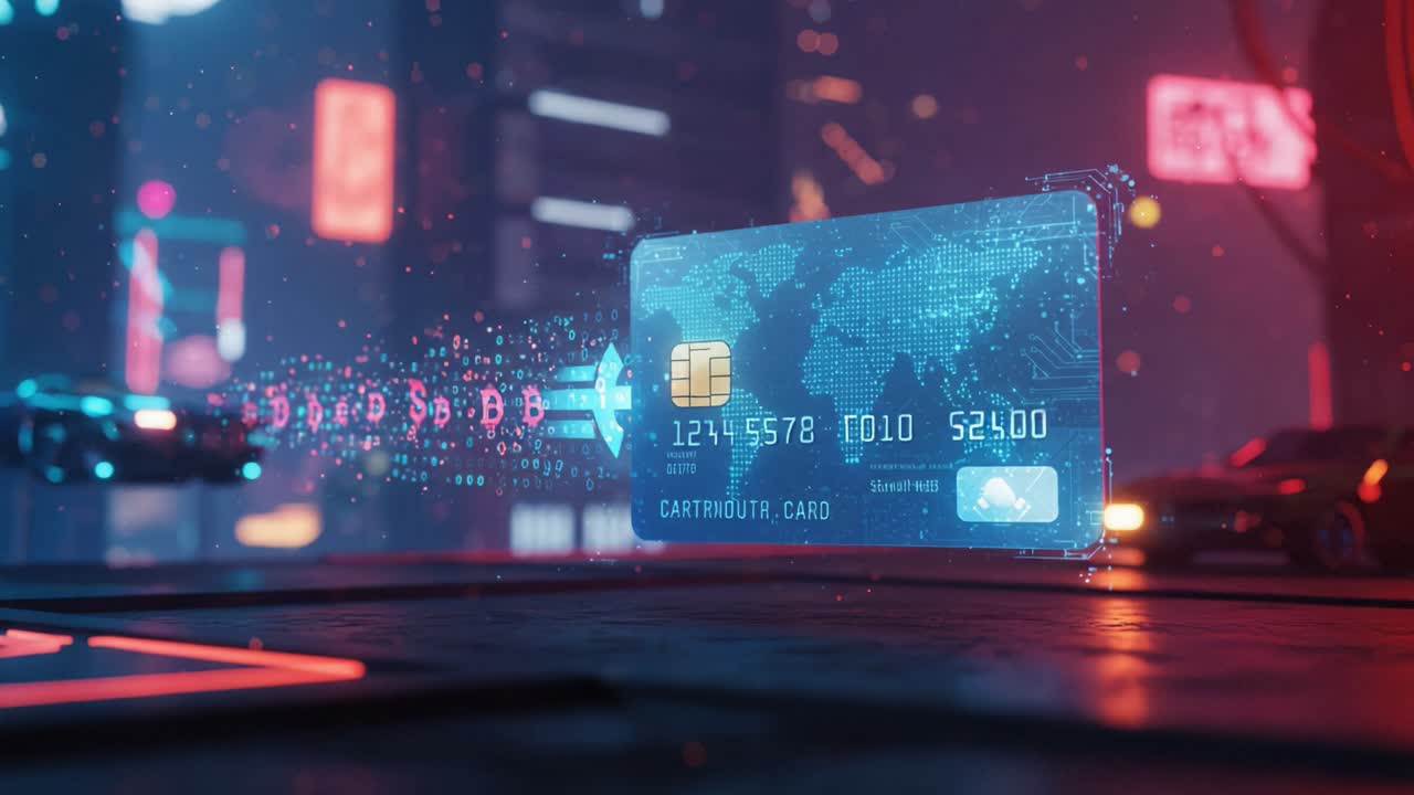 Futuristic Digital Payment Interface: A sleek holographic credit card interface glowing in a vibrant neon-lit cityscape, showcasing advanced technology and data interaction