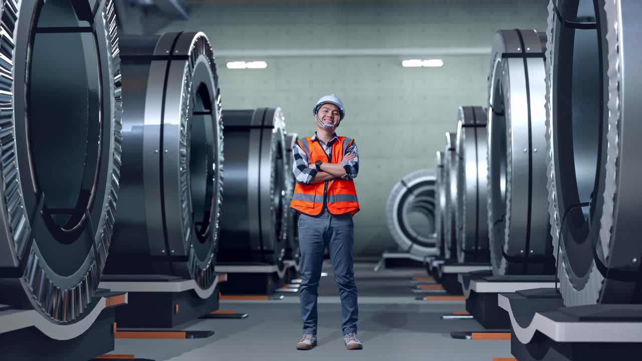 Full Body Of Asian Male Engineer With Safety Helmet Crossing His Arms And Smiling To Camera While Standing In Metal Factory