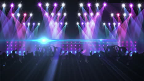 animación de personas bailando en un lugar de música de club con luz azul moviéndose sobre focos brillantes