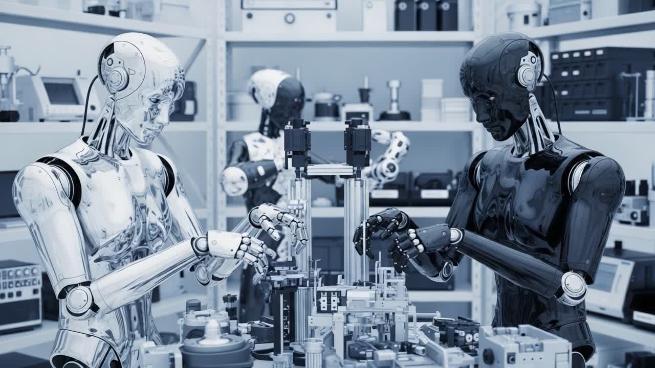 Advanced Robots Engaged in Collaborative Tasks in a High-Tech Laboratory Environment, Showcasing Cutting-Edge Technology and Robotics Innovation